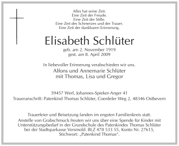 Traueranzeige von Elisabeth Schlüter von Tageszeitung