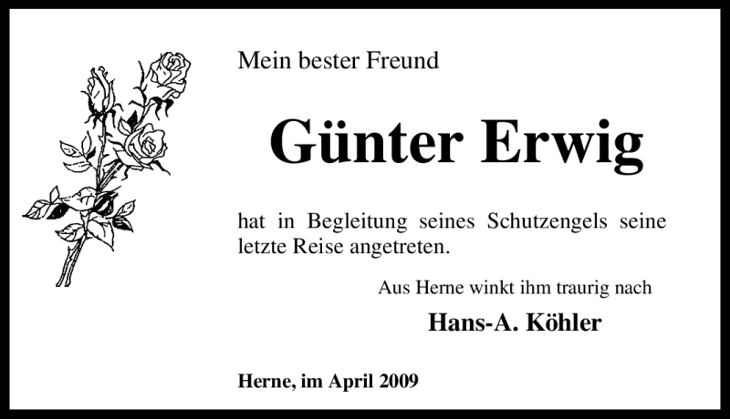  Traueranzeige für Günter Erwig vom 27.04.2009 aus Tageszeitung
