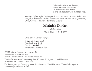 Traueranzeige von Mathilde Dunkel von Tageszeitung