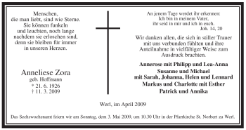 Traueranzeige von Anneliese Zora von Tageszeitung