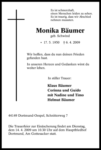 Traueranzeige von Monika Bäumer von Tageszeitung