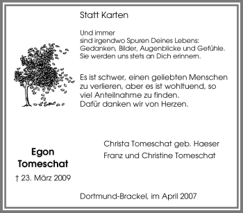 Traueranzeige von Egon Tomeschat von Tageszeitung