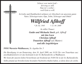 Traueranzeige von Willfried Aßhoff von Tageszeitung
