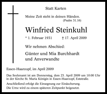 Traueranzeige von Winfried Steinkuhl von Tageszeitung