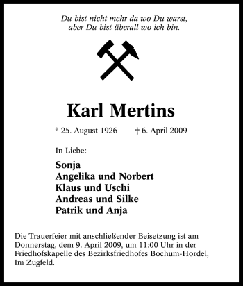 Traueranzeige von Karl Mertins von Tageszeitung