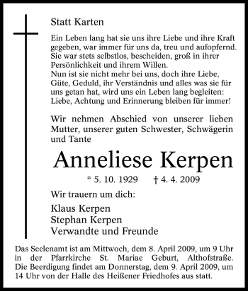 Traueranzeige von Anneliese Kerpen von Tageszeitung