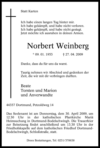 Traueranzeige von Norbert Weinberg von Tageszeitung