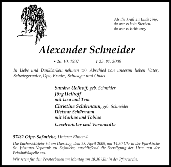 Traueranzeige von Alexander Schneider von Tageszeitung
