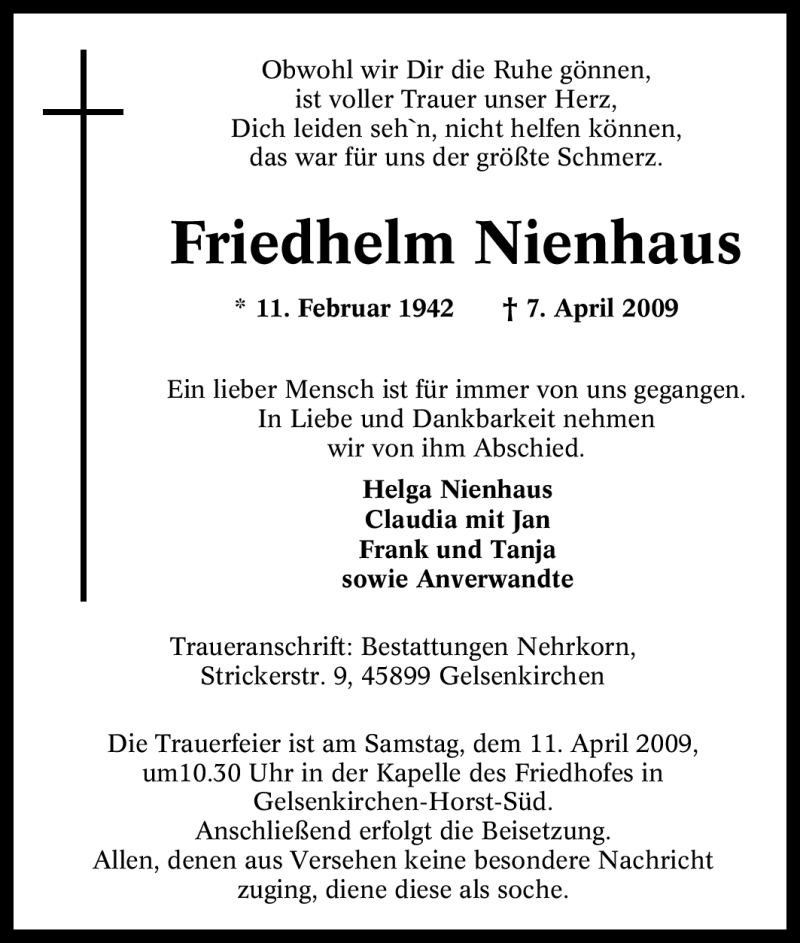 Traueranzeige für Friedhelm Nienhaus vom 08.04.2009 aus Tageszeitung