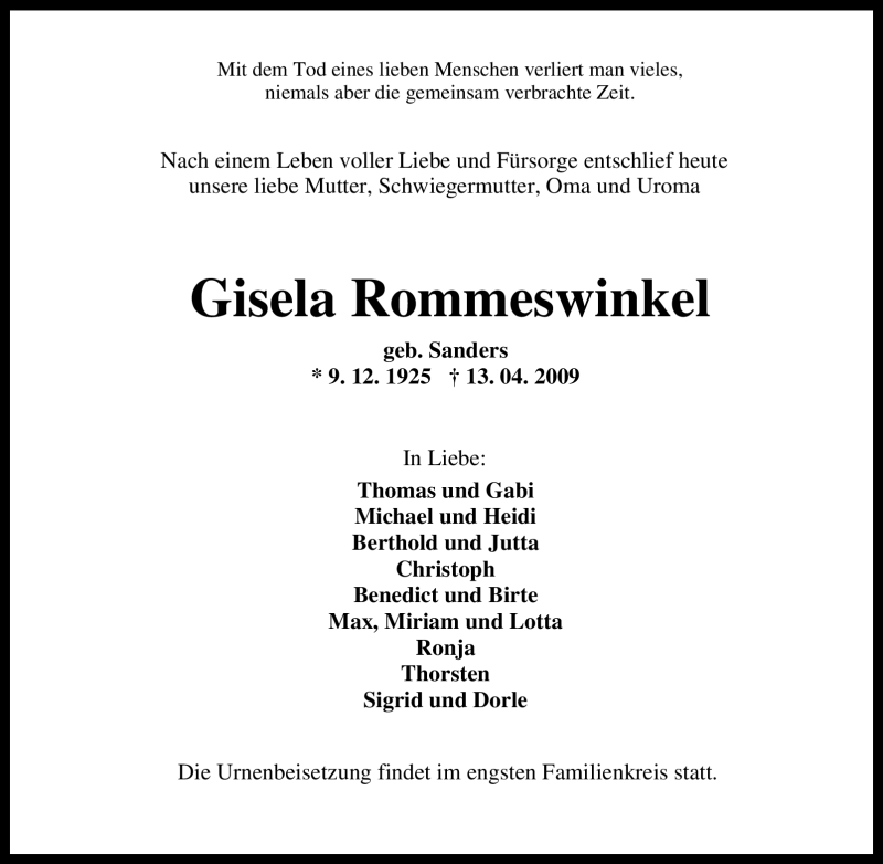  Traueranzeige für Gisela Rommeswinkel vom 16.04.2009 aus Tageszeitung