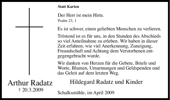 Traueranzeige von Arthur Radatz von Tageszeitung