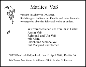 Traueranzeige von Marlies Voß von Tageszeitung