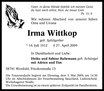 Traueranzeige von Irma Wittkop von Tageszeitung