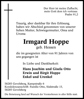 Traueranzeige von Irmgard Hoppe von Tageszeitung