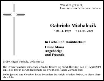 Traueranzeige von Gabriele Michalczik von Tageszeitung