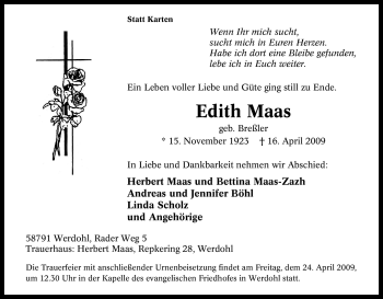 Traueranzeige von Edith Maas von Tageszeitung