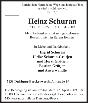 Traueranzeige von Heinz Schuran von Tageszeitung