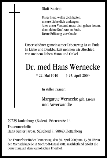 Traueranzeige von Hans Wernecke von Tageszeitung