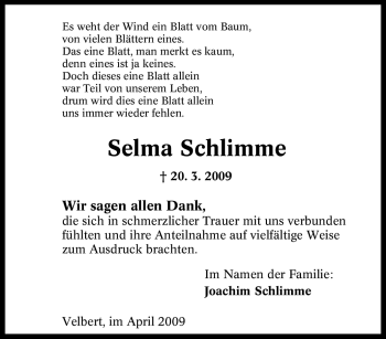 Traueranzeige von Selma Schlimme von Tageszeitung