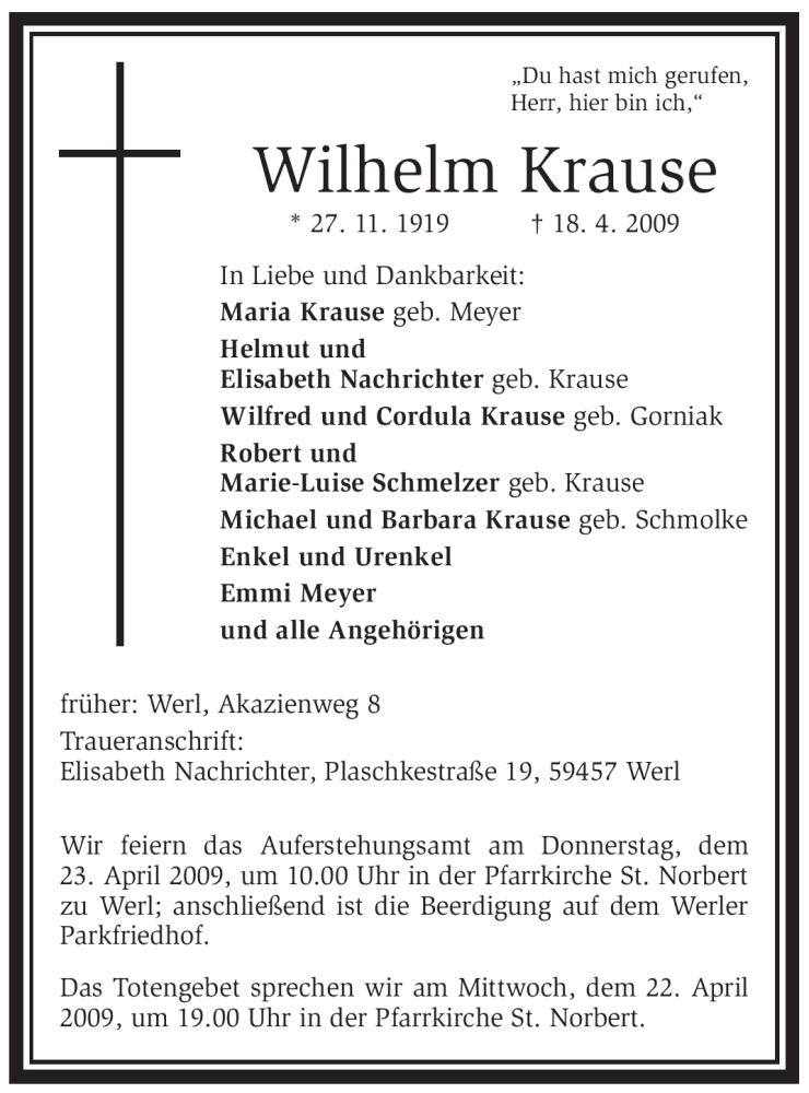  Traueranzeige für Wilhelm Krause vom 20.04.2009 aus Tageszeitung