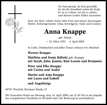 Traueranzeige von Anna Knappe von Tageszeitung