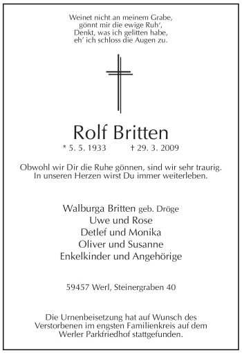Traueranzeige von Rolf Britten von Tageszeitung