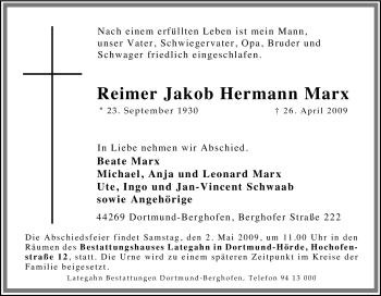 Traueranzeige von Reimer Jakob Hermann Marx von Tageszeitung