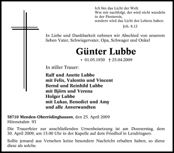 Traueranzeige von Günter Lubbe von Tageszeitung