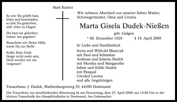 Traueranzeige von Marta Gisela Dudek-Nießen von Tageszeitung
