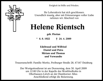 Traueranzeige von Helene Rientsch von Tageszeitung