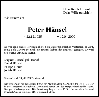 Traueranzeige von Peter Hänsel von Tageszeitung