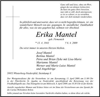 Traueranzeige von Erika Mantel von Tageszeitung