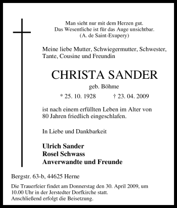 Traueranzeige von Christa Sander von Tageszeitung