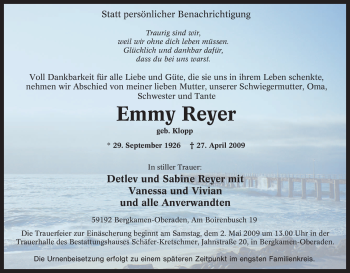 Traueranzeige von Emmy Reyer von Tageszeitung