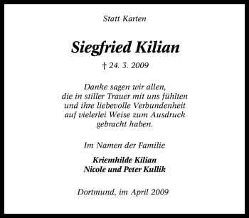 Traueranzeige von Siegfried Kilian von Tageszeitung