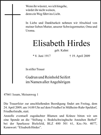 Traueranzeige von Elisabeth Hirdes von Tageszeitung