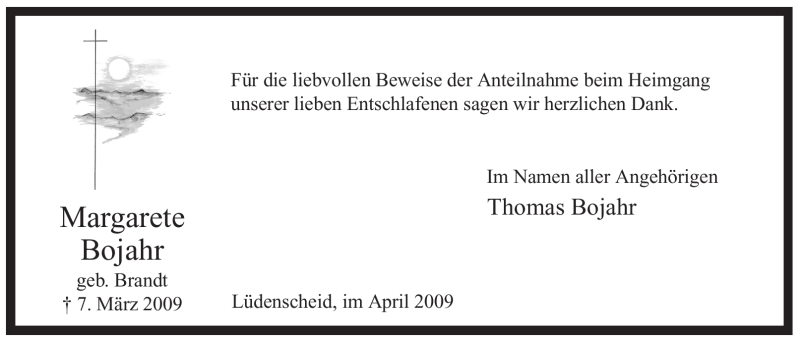  Traueranzeige für Margarete Bojahr vom 04.04.2009 aus Tageszeitung
