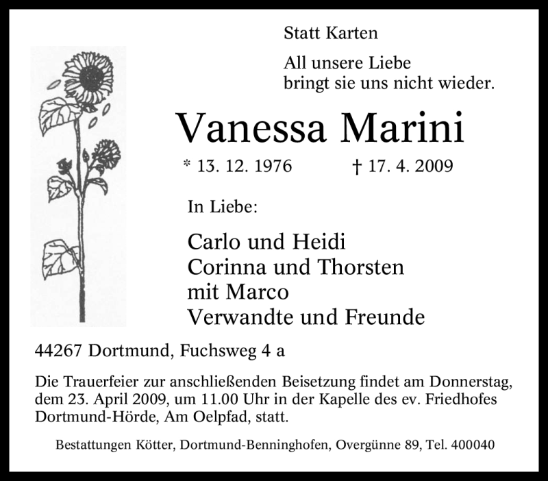  Traueranzeige für Vanessa Marini vom 21.04.2009 aus Tageszeitung