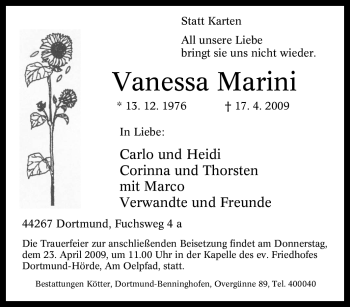 Traueranzeige von Vanessa Marini von Tageszeitung