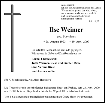 Traueranzeige von Ilse Weimer von Tageszeitung
