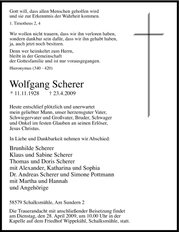 Traueranzeige von Wolfgang Scherer von Tageszeitung