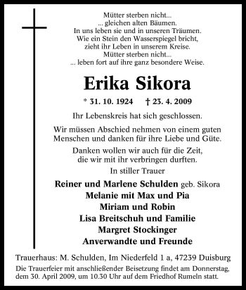 Traueranzeige von Erika Sikora von Tageszeitung