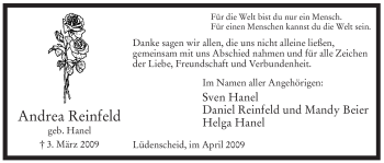 Traueranzeige von Andrea Reinfeld von Tageszeitung