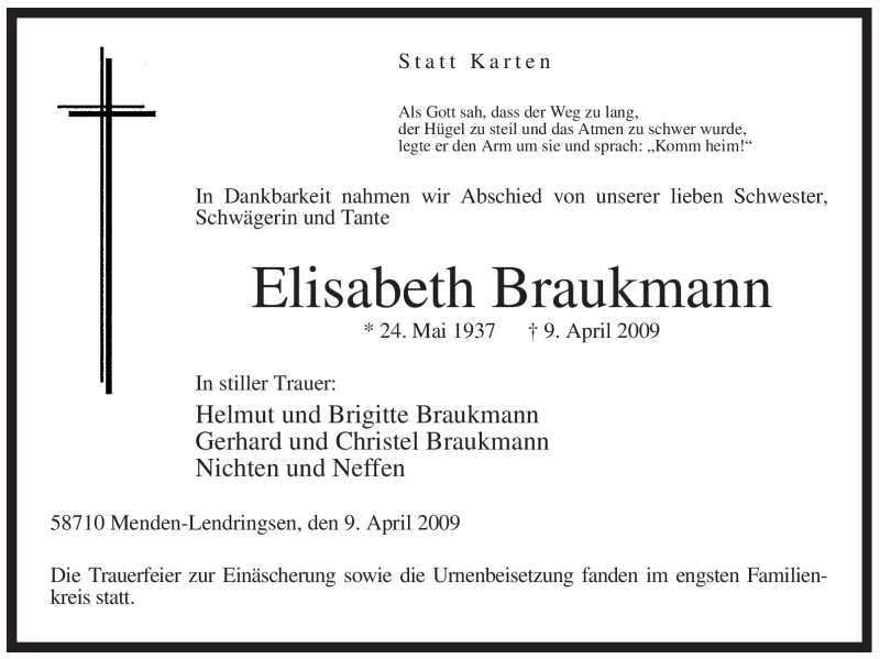  Traueranzeige für Elisabeth Braukmann vom 25.04.2009 aus Tageszeitung