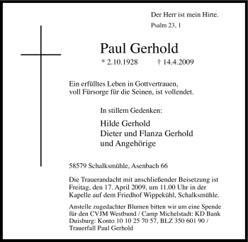 Traueranzeige von Paul Gerhold von Tageszeitung