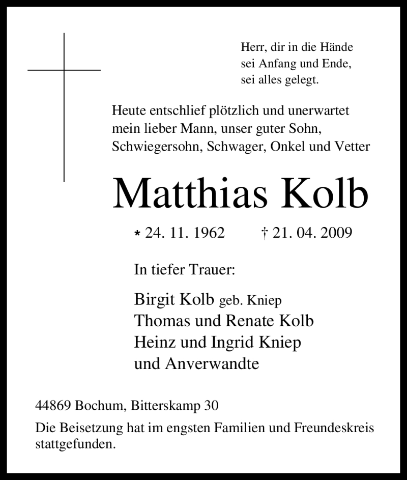  Traueranzeige für Matthias Kolb vom 28.04.2009 aus Tageszeitung