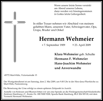 Traueranzeige von Hermann Wehmeier von Tageszeitung