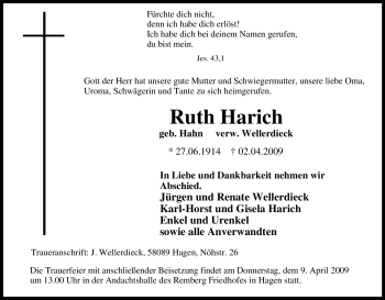 Traueranzeige von Ruth Harich von Tageszeitung