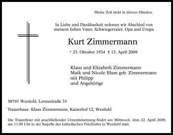Traueranzeige von Kurt Zimmermann von Tageszeitung