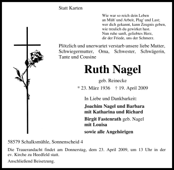 Traueranzeige von Ruth Nagel von Tageszeitung